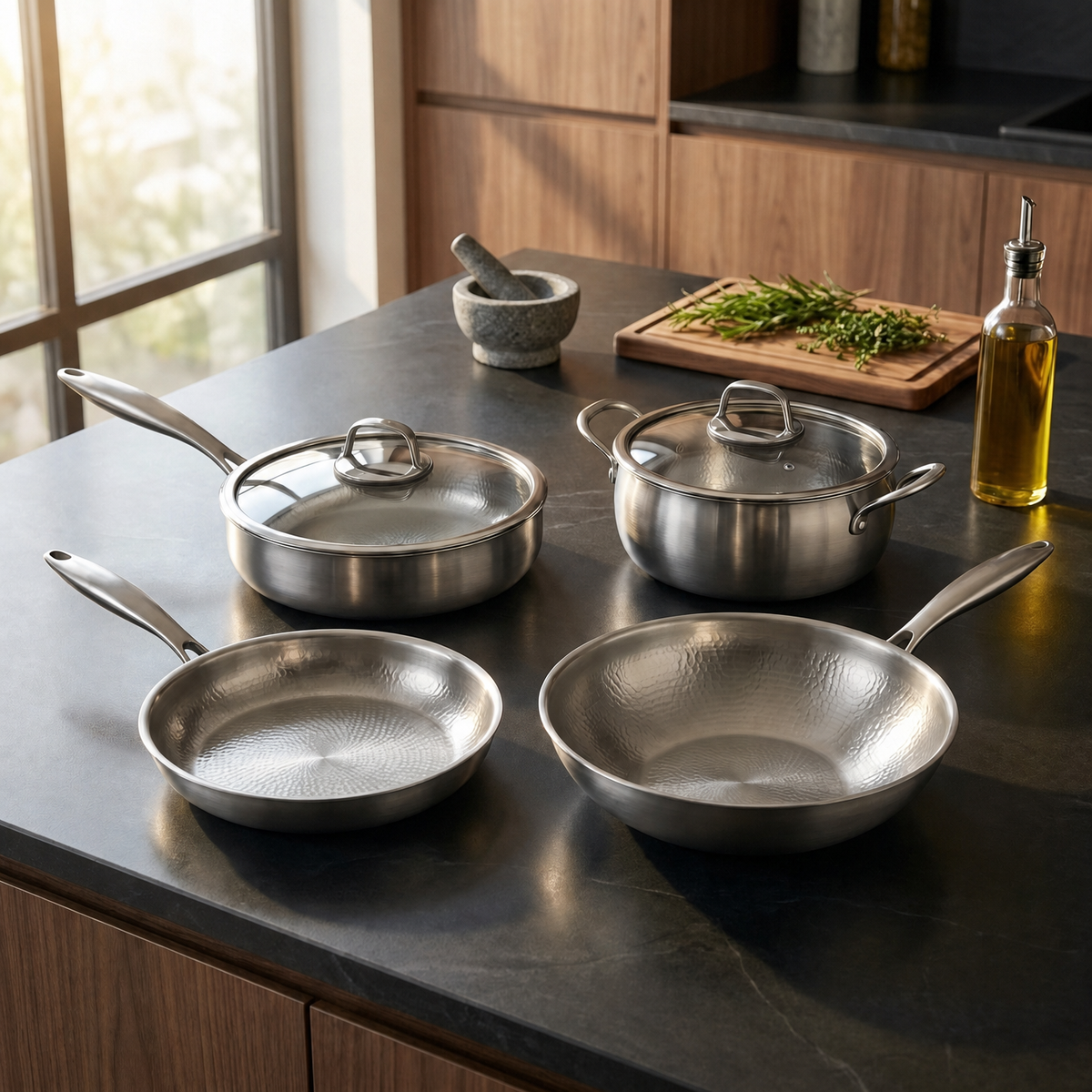 Handgehamerde titanium essentiële keukenset met 2 deksels (25, 28 en 30 cm)